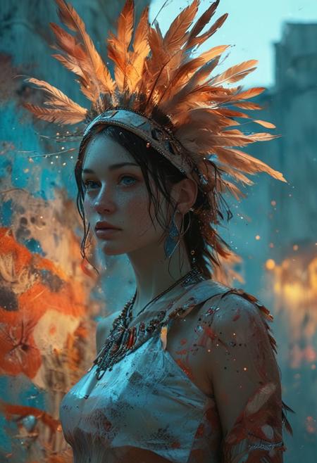 a photo portrait of soul
 (huge source of light in the center:1.5),Indian feather headdress, desert in the background, Indian bridge with a panoramic view of the city. The scene is illuminated by neon lights from nearby buildings, adding a mystical quality to the ambiance. wigwam, red sunset, ultra quality, ultra detailed, masterpiece  trending on artstation, digital art, realistic, full body, symmetrical face, beautiful, 8k, high resolution, hyperrealistic, focused, extreme details(Surrealism:1.5),epic composition,serene night, beautiful sky, dancing silhouette, Complex landscape, best quality, pastel colors, light blue tint, aesthetic Ethereal, Effulgent, Idyllic atmosphere,  Tranquil,  ethereal quality, cinematic volume, Twinkling lighting, glowing aura, global illumination,  glowneon, Anisotropic Filtering, Unrivaled Opus, Unconventional, hyper detailed, HDR, of slouchy joggers paired with a cropped tank top, teasing a glimpse of her toned midriff. Posing against a backdrop of colorful graffiti, she exudes a rebellious charm, embodying the essence of urban allure.  Eerie, unsettling, dark, spooky, suspenseful, grim, highly detailed  The overall ambiance of the illustration is clean, modern, and abstract, with a touch of surrealism., illustration background covered with glowing stars, there is a galaxy in the background at the top corners of the screen, falli