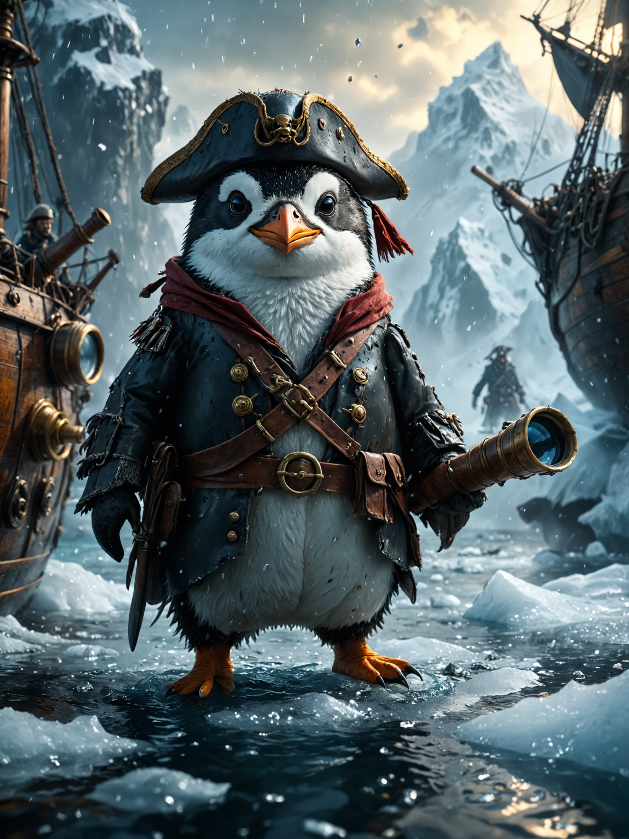 A penguin in a pirate outfit, leading a ship of penguin pirates through icy waters, shouting commands and looking through ...
