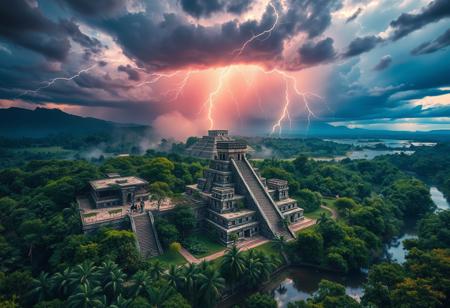 A breathtaking aerial view of the legendary Mayan mega structures, largest Mayan pyramid, reservoir, river, large Mayan work force building, vibrant thriving civilization, people working, captured in stunning 8K resolution,