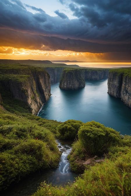 RAW photo, land of thunder, immaculate beauty, thunderstorm, picturesque scenery, rainy vegetation, tumultous sky, majestic landscape, enchanting atmosphere, water lighting, photorealistic, masterpiece, 64k, UHD, ultra detailed, vivid colors, high quality, sharp focus