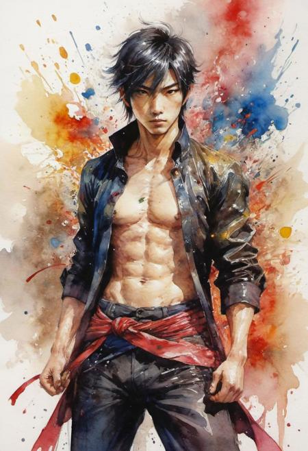by Shotaro Ishinomori,  (shiny, artstyle-watercolor but extremely beautiful:1.4), (intricate details, masterpiece, best quality:1.4) , in the style of nicola samori, 
long hu men style 2D art, Vibrant, dynamic, arcade, 2D fighting game, highly detailed, reminiscent of long hu men series,, looking at viewer