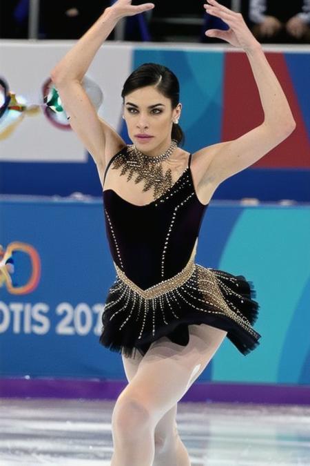 Big boobs latina figure skater, olympic games, during competition, bodysuit adorned with shimmering crystals that catch the light with every movement, intricate designs that accentuate her curves and elongate her silhouette, enhancing the beauty of her movements on the ice, flowing chiffon skirt that billows softly with each twirl, delicate lace trim and sequins, detailed face