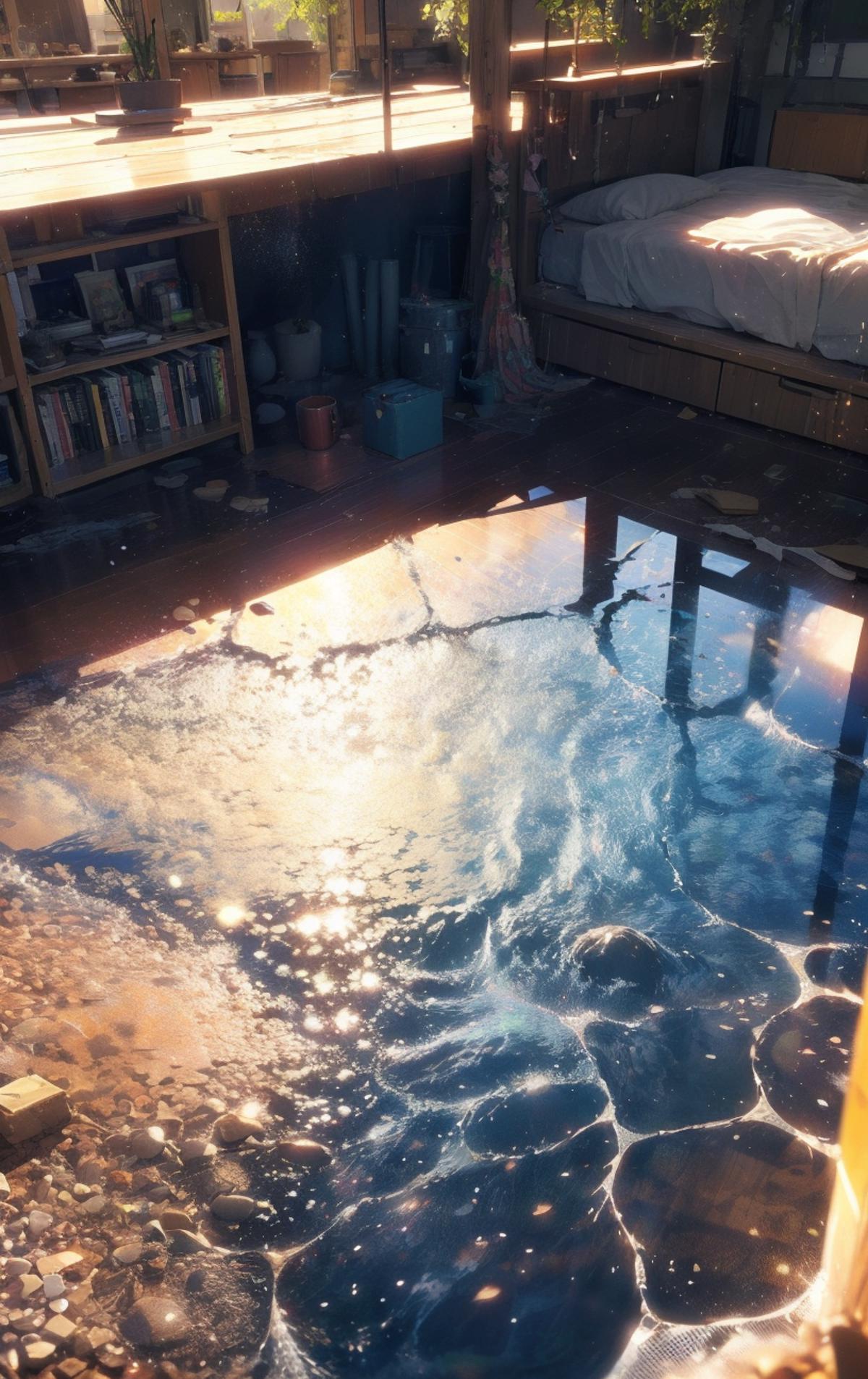 A room with a flooded floor and a reflection of a tree in the water.