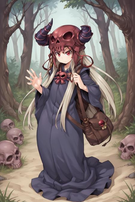 necdef, 1boy, red eyes, long hair,  grey hair, horned helmet, skull brooch, robe, long sleeves, bag, 