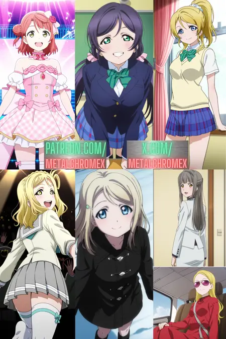 Nozomi Tojo, Ayumu Uehara, Eli Ayase, Mari Ohara, Alisa Ayase, Director Minami, Mari Ohara's Mother- Love Live! characters by MetalchromeX (Illustrious and Pony)