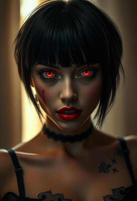 Photorealistic, HDR, Raw, very sharp, film grain, absurdres, depth of field:1.2, realistic, epic view, masterpiece, best quality, amazing quality, very aesthetic, detailed eyes, perfect eyes, realistic eyes, photograph, realistic lighting, looking at viewer, (1woman, 32yo, erotic, vampire, gothick, black hair, short hair, red eyes, slit pupils, glowing pupils, glowing eyes, pale skin, dark lips, goth makeup, vampire, blood drip on chin, fangs, adult lustful confident woman, petite, slender body, perky natural breasts, full lips, bangs, sidelocks, show breasts, show nipples, puffy nipples, straps, sexy pose, tight squeezed outfit, erect nipples, magical accessories, evoking motion, conveying motion, dynamic splash art, face focus, close up, cowboy shot), rim light, cinematic lightings, award-winning photo, dynamic lighting, cinematic take, golden hour, candlelight, soft glow, (best quality: 1.1), ultra detailed, ((((no image artifacts, high photo resolution, high pixel density, ppi 300, dpi 1440:1.2)))), super detailed skin, high definition, professional photoshoot, studio quality, best quality, 8k, ultra highres, hasselblad, schneider super cinelux, camera Leica photoshot, raw photo, 70mm, f/2.4