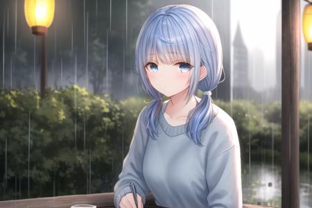 masterpiece, best quality, 1girl, upper body, sitting, swept bangs, medium hair, twintails, blue hair, sweater, fluffy, outdoors, rain, lantern, scenery, blurry background, <lora:kinugamini32:0.9>