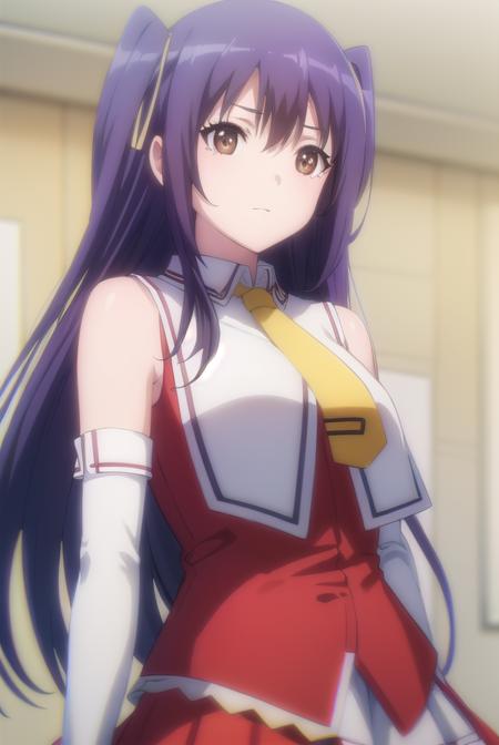 aika hayase, long hair, (brown eyes:1.5), blue hair, hair ribbon, two-side up, skirt, gloves, bare shoulders, shool uniform, detached sleeves, necktie, elbow gloves,