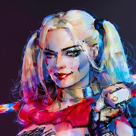 yoshin style, Margot Robbie as Harley Quinn, (((Beautiful woman))), smile, by Yoji Shinkawa