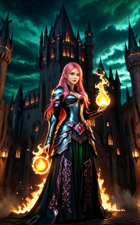 A pitch-black night,yuukananri,1girl with long pink hair,green eyes,a female mage in an armored skirt,standing before a massive gothic castle,(her hands glowing with bright flames),surrounded by floating fireballs,gothic architecture,dark fantasy atmosphere,glowing firelight illuminating the surroundings,intense shadows,powerful stance,dramatic lighting,highly detailed armor,fiery magic,dark clouds looming in the sky,intricate castle details,night sky full of stars,mysterious and ominous mood,fire reflecting off the armor,glowing eyes,cinematic composition,(masterpiece:2),best quality,ultra highres,original,extremely detailed,perfect lighting,
Cinematic Lighting,<lora:detailed_notrigger:1>,<lora:xl_more_art-full_v1:0.8>,<lora:MJ52_v2.0:0.5>,<lora:yuukananri-base-01-XL:0.6>,