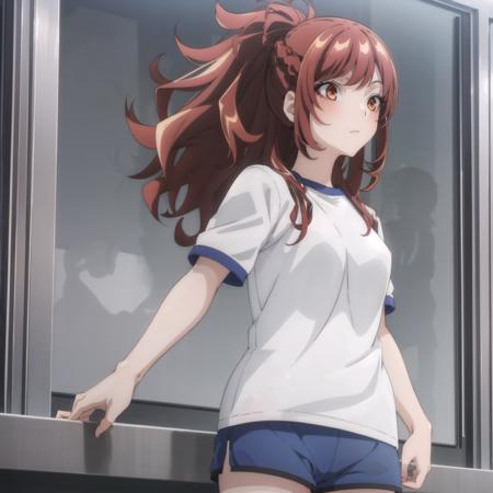 1girl, <lora:IdCSKaedeLORA_v1:1>, idcskaede, gym uniform, white shirt, shorts, gym shirt, gym shorts, blue shorts, short sleeves