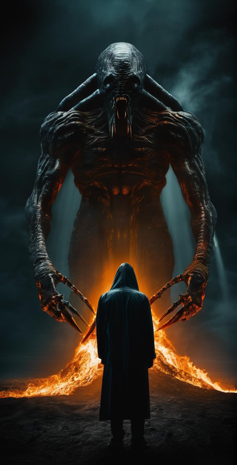 A man standing in front of a giant demon with a sword.