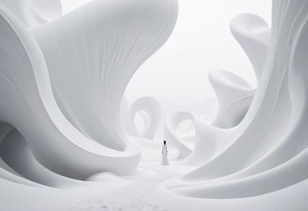 (masterpiece, surreal, minimalist:1.3), a mesmerizing exploration of a surreal dreamscape enveloped in a serene white palette. Imagine a vast expanse of pristine white, where ethereal whispers of imagination dance in the void, creating a sense of infinite space and boundless possibility. Shapes emerge and dissolve in the white abyss, hinting at hidden meanings and elusive truths that tantalize the mind. Soft wisps of white mist curl and twist, forming intricate patterns that seem to shift and transform with each passing moment, evoking a sense of fluidity and transience. Within this surreal white realm, shadows play and light dances, casting subtle gradients and delicate contrasts that add depth and dimension to the otherwise pristine landscape. The absence of color heightens the sense of otherworldliness, inviting viewers to lose themselves in the purity and tranquility of this surreal dreamscape. This artwork beckons observers to immerse themselves in a world where reality blurs with fantasy, and the whispers of the unknown echo in the vast expanse of surreal white.