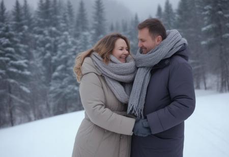 A married couple hugging and smiling, dressed in thick coats and scarves, walking together on the snow in a winter mountain landscape. The snow-covered trees and warm gray sky create a cozy and calm atmosphere. Ideal for a video about long-term relationships or special moments