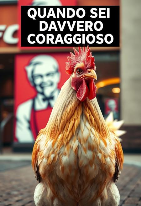 “A realistic, detailed chicken standing confidently in front of a KFC restaurant. The chicken has bright feathers, a sharp gaze, and a proud stance as if aware of its surroundings. The KFC logo is visible in the background, slightly blurred for depth. The scene is captured in a cinematic style with balanced lighting, slightly warm tones, and a shallow depth of field. The image should have high detail in the feathers and a slightly humorous undertone, emphasizing the irony of the setting. Overlay text in bold white font with black outline at the top: ‘QUANDO SEI DAVVERO CORAGGIOSO’.”