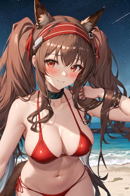 best quality, masterpiece, highres, solo, {night:1.10}, {starry sky:1.10}, beach, beautiful detailed sky, {extremely detailed background:1.20}, {angelina_arknights:1.15}, {standing:1.10}, looking at viewer, {bikini:1.30}, brown_hair, long_hair, animal_ears, fox_ears, twintails, bangs, hairband, red_hairband, red_eyes, infection_monitor_\(arknights\), upper_body, breasts, blush, smile, light smile