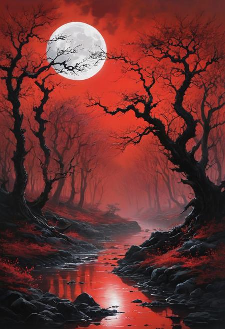 A serene Asian landscape bathed in moonlight, featuring an ancient grove of twisted, leafless trees in stark black silhouettes against a glowing crimson sky. The full moon hangs large and luminous, casting dramatic light and deep shadows across a misty forest floor. The composition is rich with textured details—cracked tree bark, delicate falling leaves, and the shimmer of moonlight on damp earth. A lone red bridge curves over a dark, still stream, its reflection broken by drifting petals. The color palette is limited yet striking: blood red skies, inky black forms, and glowing white highlights. The atmosphere is heavy and contemplative, evoking an ethereal sense of solitude and timelessness. Lighting is dramatic and directional, emphasizing form and texture with a painterly touch. The scene combines natural beauty with surreal composition, blending photorealism and dreamlike exaggeration in a moody, immersive visual.