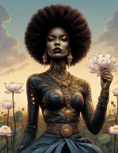 Afrofuturistic supermodel fused with kintsugi intricate ornate afro blowing in wind standing in field at dusk with beautiful lotus blossoms