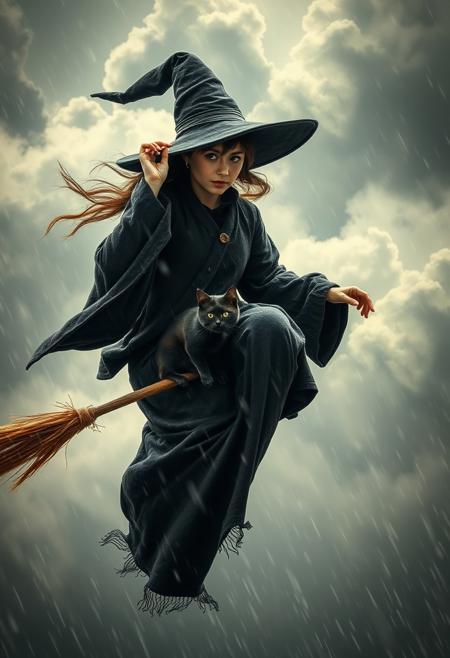 Create a vintage closeup analog photograph of a charming buxom adult japanese witch named Kiki flying through a raging storm on her broomstick. rain particles, storm, atmospheric light from dense translucent blizzard clouds, Despite the fierce winds, A cute black cat sits in front of her on the broom, braving the storm alongside her. Kiki is dressed in a weathered, long black Renaissance wool coat, with a simple, tight-fitting black wool dress with a high collar underneath. Her long, pointed witch hat is in danger of being blown away, so she holds it firmly on her head as she soars through the stormy, cloud-filled sky.