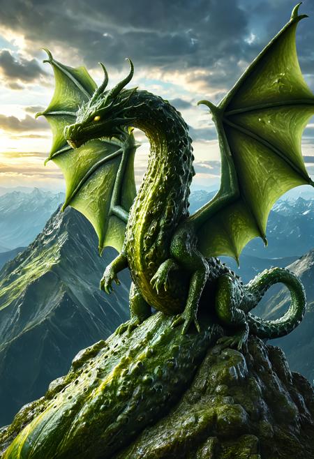, dvr-pckl, mighty fantasy dragon with glistening pickle-scale skin, wrinkled bumpy textures, deep green hues with golden highlights, glowing eyes, majestic pose on mountain top, atmospheric lighting, ultra texture realism, dramatic sky, fantasy illustration in 8k