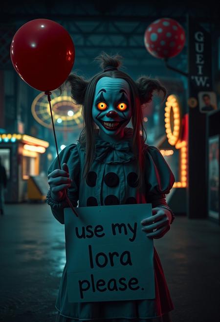 A girl from a horror movie stands in a dark place in a horror city with glowing eyes and a scary smile holding a sign that says "use my lora please"
amusement park, clown
