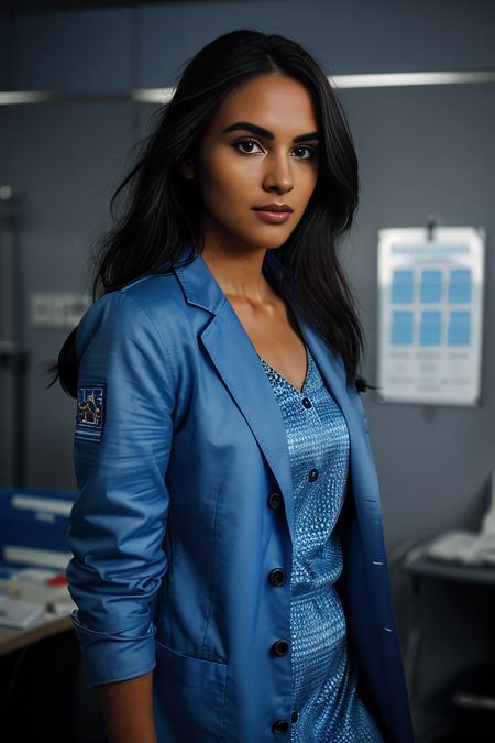 a professional photograph of beautiful (C4ryn41:1.1) woman,as a surgeon physician,wearing a (steel blue lab coat:1.2) over (indigo dress:1.2),with stethoscope around neck,name tag on lapel,holding an (x-ray chart:1.4),standing in a hospital surgery suite,wearing gloves,surrounded by a (examination table and medical equipment:1.2),long hair,jewelry,lipstick,makeup and eyeshadow,(face focus),cinematic movie still,dramatic pose,sharp focus,detailed eyes,(highly detailed),(HDR),(8k wallpaper),intricately detailed,highres,absurdres,hyper realistic,8K UHD DSLR,Fujifilm XT3,taken with (Canon EOS 1Ds camera),35mm film,extremely intricate,dramatic,(looking at viewer),4k textures,elegant,(cinematic look),hyperdetailed,PA7_Portrait-MS,<lora:C4ryn41_06B-000002:1.0>,