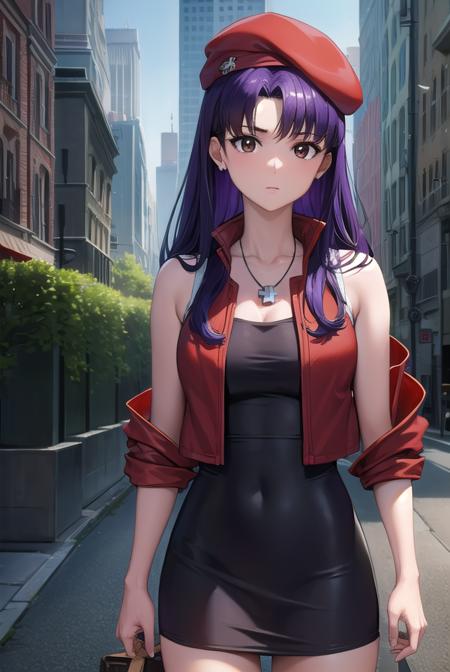 misatokatsuragi, <lora:misatokatsuragi-lora-nochekaiser:1>,
misato katsuragi, long hair, (brown eyes:1.5), blue hair, (purple hair:1.2),
BREAK hat, dress, bare shoulders, jewelry, jacket, earrings, open clothes, sleeveless, necklace, black dress, open jacket, sleeveless dress, beret, short dress, cross, red headwear, (red jacket:1.5), cross necklace,
BREAK outdoors, city,
BREAK looking at viewer, (cowboy shot:1.5),
BREAK <lyco:GoodHands-beta2:1>, (masterpiece:1.2), best quality, high resolution, unity 8k wallpaper, (illustration:0.8), (beautiful detailed eyes:1.6), extremely detailed face, perfect lighting, extremely detailed CG, (perfect hands, perfect anatomy),