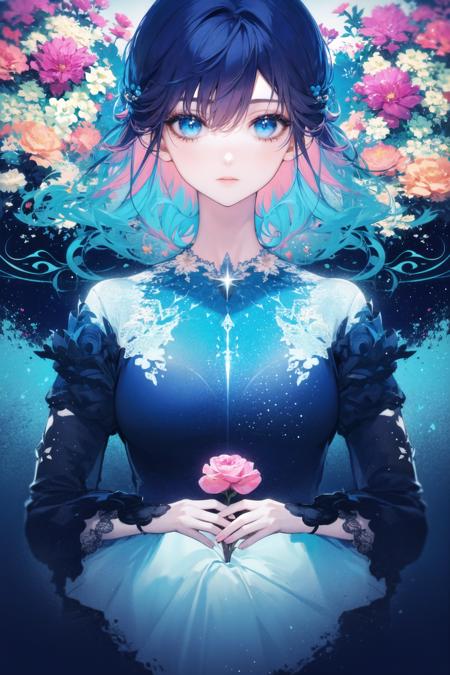 1girl, flowers, abstract, blue theme