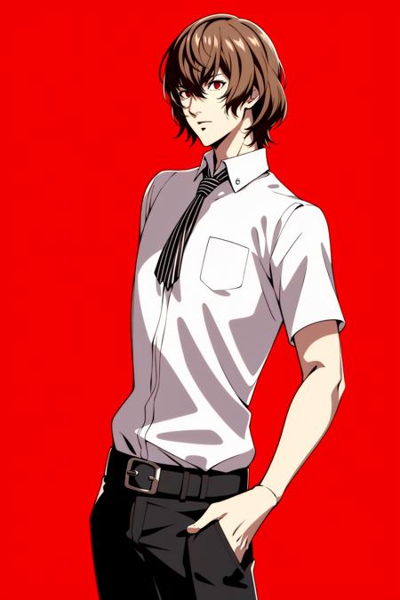 akechi_gorou, summer_uniform, 1boy, striped_necktie, white_dress_shirt, short sleeves, belt, black_pants, solo, male focus, masterpiece, best quality, 4k, 8k,  <lora:akechiGoroPERSONA5_akechigoroE16:0.5> <lora:persona5Style_personastylev1:0.5>