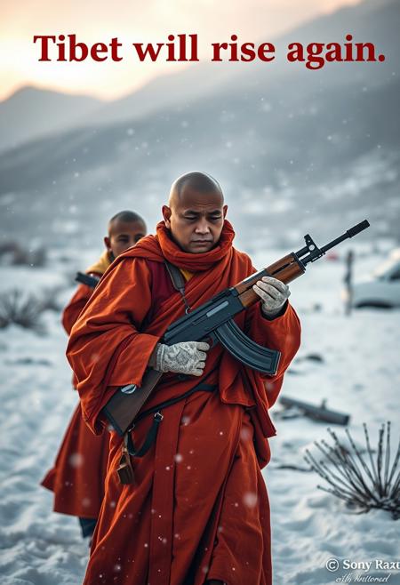 RAW photo, 8K, captured with a Sony A1 and lens Sony FE 85mm f/1.4 GM, ISO 100, excellent dynamic range, masterpiece, excellent quality, ultra detailed, subtle lighting, soft focus, detailed shadows, detailed reflections, scenic beauty, beautiful tibetan landscape, winter, snow storm, wind blowing,monks holding AK-47, orange and gold, (text on upper part in blood letters : "Tibet will rise again":2)