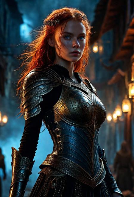 Ultra detailed digital art masterpiece Warrior girl dressed in a Armor, standing in combat pose down the mysterious night street of the big dark fantasy medieval Town, perfect lighting, beautiful Sadie Sink as Warrior girl, attractive woman, elegant, unreal engine 5 nanite quality, mixed with dark elements, dark environment, very dark night, clean dark velour witch clothing, LOTR style, dark washed out eyeliner, no make up, natural bloody face, realistic blue eyes, ultra detailed atmospheric details, beautiful glowing effects, sparkle effects, realistic body proportions, beautiful face proportions, complex masterpiece, wavy red hair, creative glowing detailed tattoos, complex physics, enhanced colors, complimentary colors, ultra detailed raytracing reflections, Ultra detailed complex background, environment feels alive, direct eye contact, dramatic lighting, wet and sweaty skin, beautiful firm Breasts, Concept art portrait by Greg Rutkowski