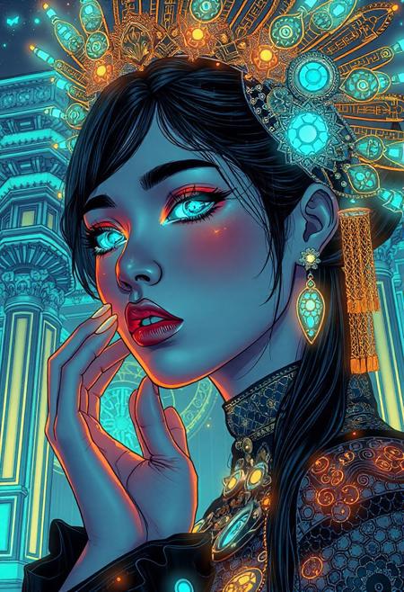 A highly detailed, intricate line-art illustration in the style of olivia berardinis. Detailed hyper realism in the visible body parts (face, hands, legs).
3D rendering, face close-up, CG high model, Elegant [goth ] with bioluminescent glowing makeup and a holographic asian headdress, in a [teal and gold] cyberpunk aesthetic, dark fantasy, anime-style, illuminated by soft lighting
, acrylic painting in style Adam Hughes.
The composition features mesmerizing line work, fine architectural detailing in the background, and a play of light and shadow through intricate hatching. The overall aesthetic is serene, introspective, and dreamlike, blending realism with a highly structured, almost meditative pattern-based design.