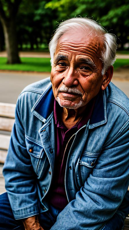 old man in old jacket, ragged clothes, sad face, sad expression, sitting on a bench alone in a park, detailed background, highly detailed face, extremely detailed, high quality, best quality, looking at viewer