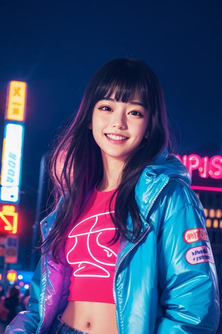 masterpiece,best quality,1girl,city pop,night,neon light,looking at another,upper body,vector illustration,jacket,light smile,blunt bangs,long hair,