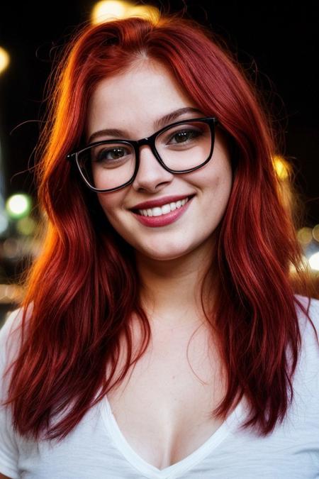 score_9, score_8_up, score_7_up, score_6_up, beautiful 19 year old girl, red hair, black thick frame glasses, neon lights, nighttime, dusk, smiling, ultra realistic, big lips, (masterpiece, best quality, highres:1.2), (photorealistic:1.2),