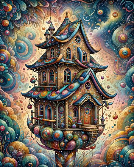 ral-colorswirl, fairy totem with a house on top, top view <lora:ral-colorswirl-sd15:1>