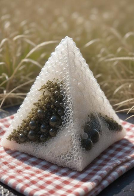 8k, Raw digital photo, a triangular onigiri made of bubbles, with a bubble nori wrap, placed on a picnic cloth in a field, familiar and dreamlike, High Quality, Soft Texture, Full Colour, 80mm, simple dark background,