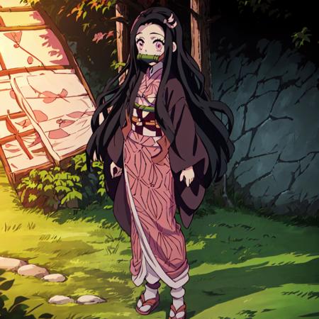 Nezuko_Kamado, 1girl, solo, long hair, black hair, standing, full body, hair ribbon, outdoors, japanese clothes, pink eyes, kimono, mouth hold, obi, pink ribbon, gag, gagged, haori, pink kimono, bamboo, bit gag, asa no ha (pattern), checkered sash, kamado nezuko