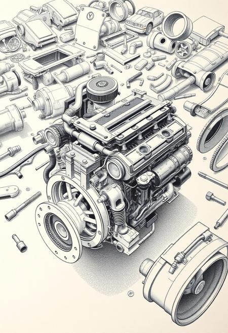 a technical drawing of a dissembled car engine in the style of Peter Aschwanden, engine parts spread out in the background, car parts, multiple pieces, overwhelming