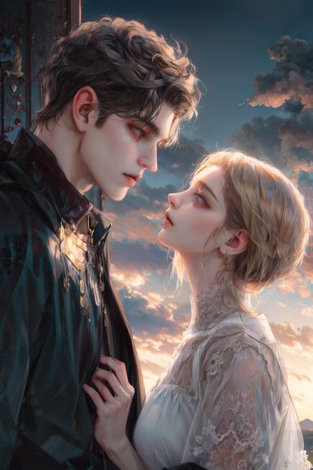 (masterpiece, best quality), 2others, couple, 1boy with 1girl, Height difference, different color, upper body, from side, profile, extremely detailed eyes, cloudy sky