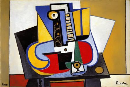 p1c4ss0, a abstract painting of a ((guitar)), in the style of: Femme en chemise assise dans un fauteuil