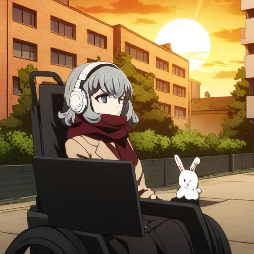 <lora:add_detail:1>, <lora:Miaya_Gekkogahara_SDXL:1>, masterpiece, best quality, very aesthetic, absurdres, newest, newest anime,  anime art style, detailed background, This anime screencap is from Danganronpa the Animation. ,  Miaya Gekkogahara is sitting in her wheelchair. She is wearing a long dark red scarf over a white dress shirt. The scarf covers most but not all of her mouth. She is also wearing pale brown jacket a black vest and a black skirt. Miaya has her blue-grey hair held back by light grey headphones. Her wheelchair has a large monitor at its base with Usami within it. Usami the white rabbit is holding a staff on the monitor. Miaya Gekkogahara is within Hope's Peak, a multi-story building with large windows and balconies. The building stretches beyond the upper frame of the image. The building is set back a bit from the street, and there is a brick wall and some foliage in the foreground. The sun is setting, casting a warm glow on the scene. The setting sun and the starkness of the building create a sense of foreboding. Miaya Gekkogahara interacts with the environment.