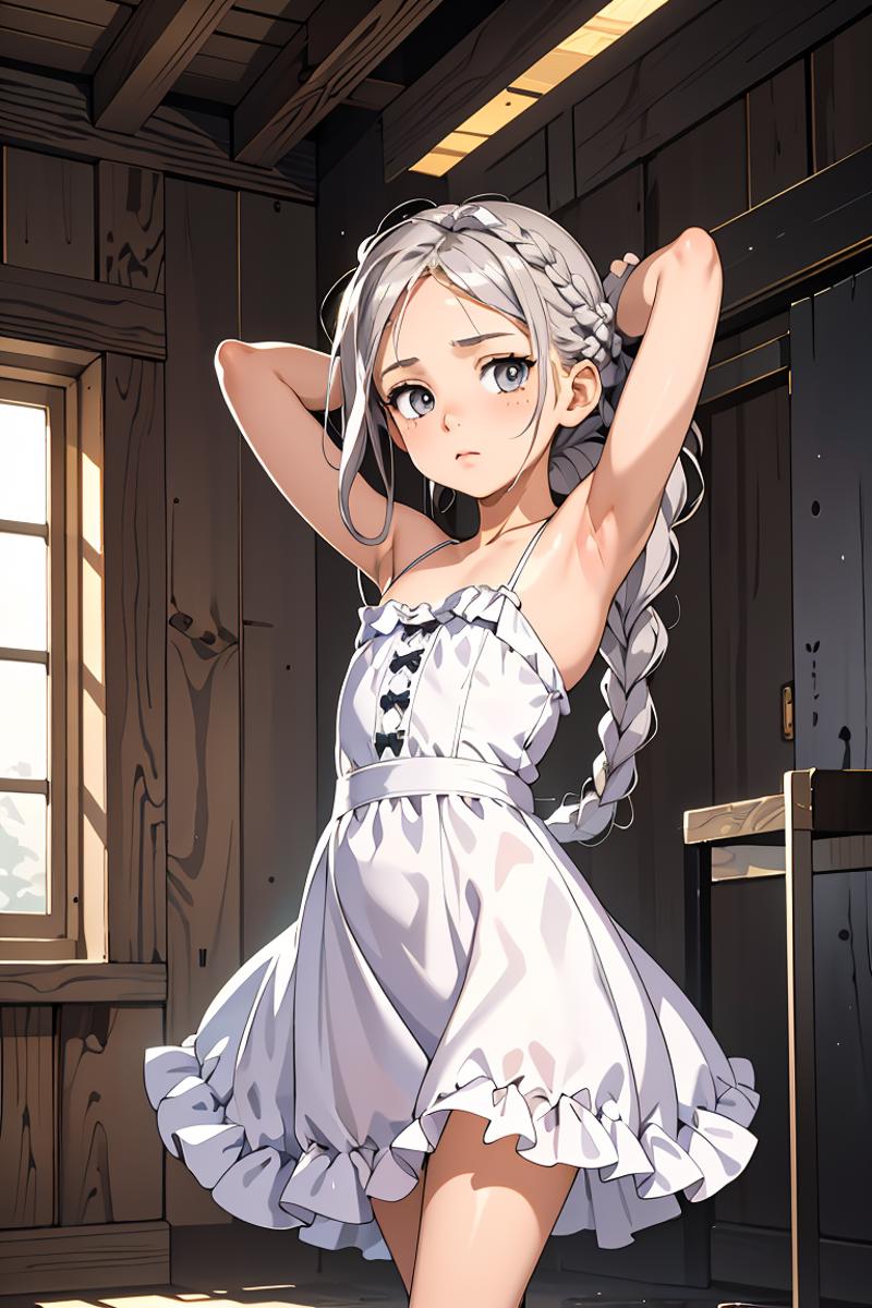 A little girl in a white dress with braids is standing in front of a door. She is wearing a white dress and has her hand on her head. The scene appears to be set in a rustic cabin.