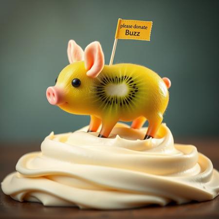 a cute tiny pig made out of kiwi,  with a little flag on it with the words „please donate Buzz“, standing on top of mountain of cream