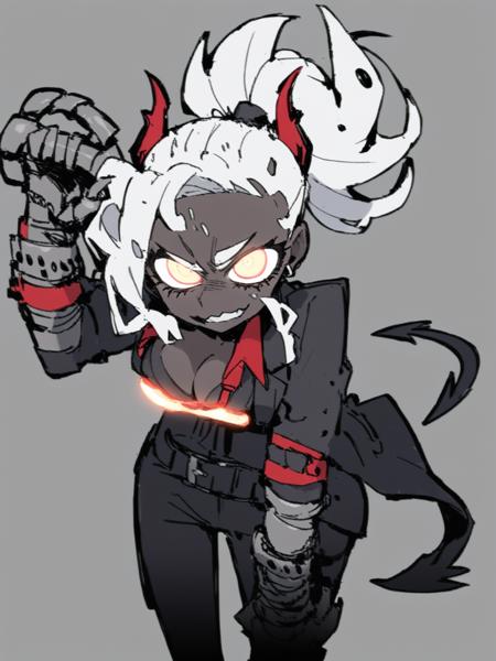 <lora:XL_Helltaker-000009:1>,Helltaker style,white eyes,1girl,horns,solo,long hair,demon girl,jacket,breasts,black jacket,white hair,tail,demon tail,transparent background,looking at viewer,gauntlets,armband,dark skin,black horns,dark-skinned female,grey skin,demon horns,ponytail,open clothes,simple background,colored skin,bangs,belt,medium breasts,open jacket,v-shaped eyebrows,teeth,glowing,leaning forward,black pants,chain,cowboy shot,large breasts,cleavage,glowing eyes,, masterpiece,best quality