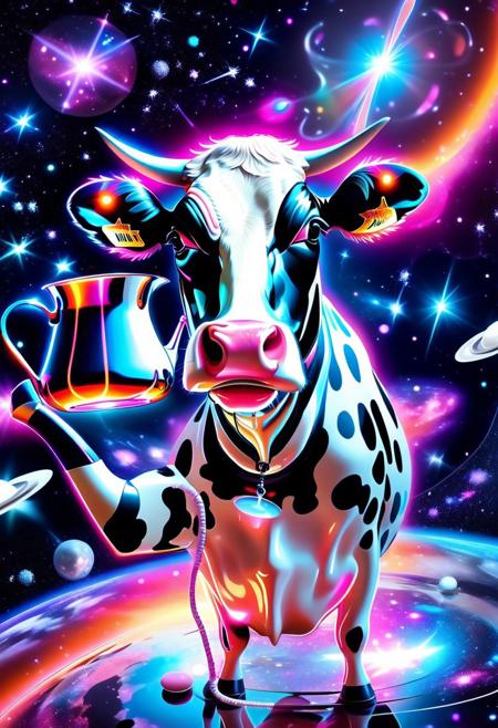 cow made of creamy l1qu1dp34rl and milk jug chrome, floating in space playing a neon banjo, stardust funk explosion, cosmic absurdity