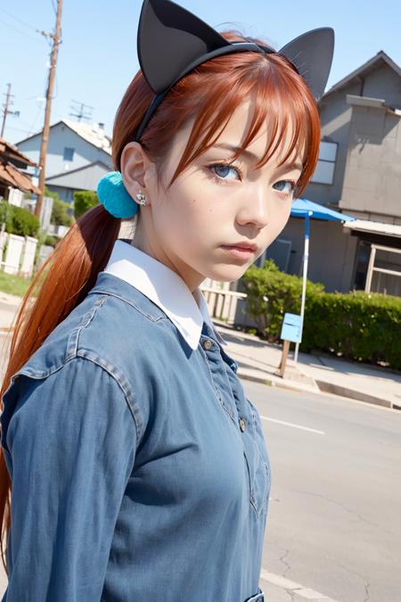 (realistic, photo-realistic:1.4), (masterpiece), (best quality), <lora:artkoikoi_AlisaSoutherncross_Keroro:0.98>, alisa_southerncross, ((purple_eyes)), cowboy_shot, photo, breasts, 1girl, solo, beautiful girl, long_hair, orange hair, hair_ornament, animal_ears, twintails, outdoors, sky, day, cloud, cat_ears, (orange_hair), profile, (hair_bobbles), looking at the viewer, front view