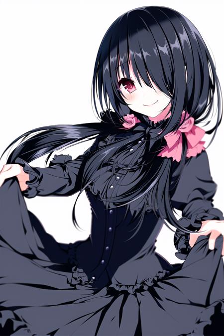 tokisaki kurumi, human form, casual dress, 1girl, solo, long hair, black hair, hair over one eye, twintails, dress, red eyes, smile, black background