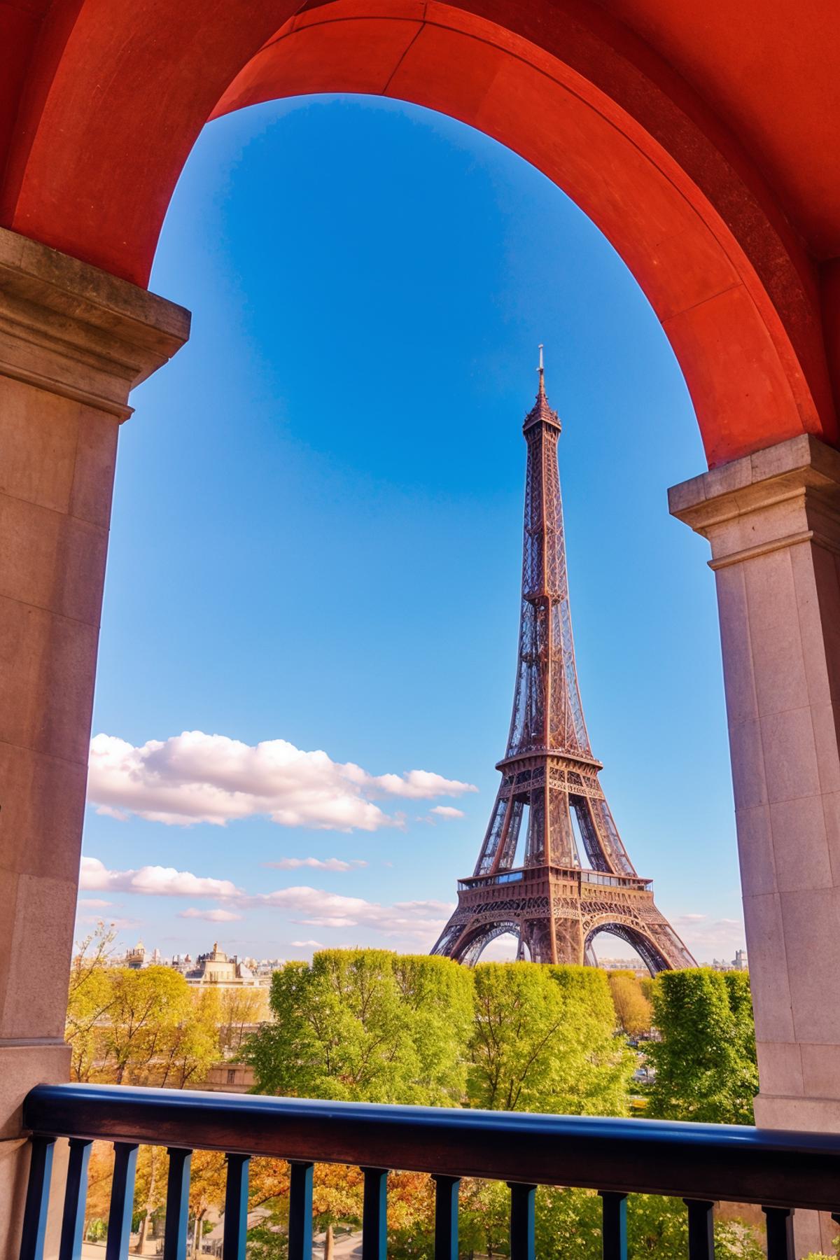 A view of the Eiffel Tower from an archway with blue sky in the background.
