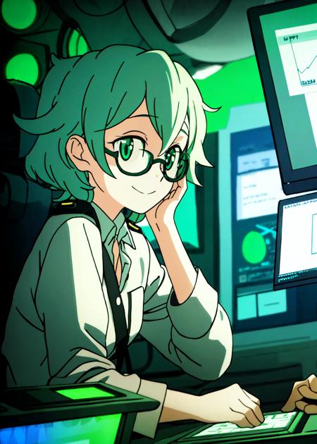 <lora:iav3-000016:0.8>,a woman in a spaceship looking at a monitor screen with a green light on her face and a green light on her arm, 1girl, solo, smile, short_hair, blue_eyes, sitting, closed_mouth, green_hair, glasses, chair, semi-rimless_eyewear, under-rim_eyewear